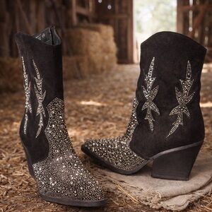 Very G Black Embellished Heeled Cowboy Boots